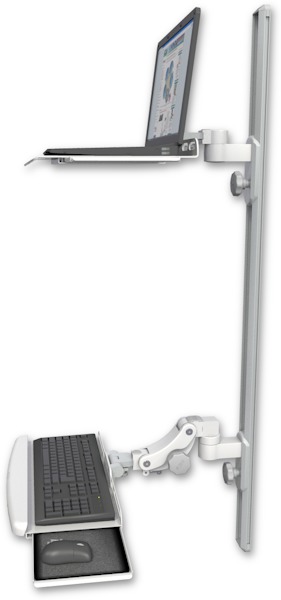 AccessMount™ Laptop tray with slider mount on a 50" wall track, separate arms, and a paralink keyboard tray w/ wrist rest bend