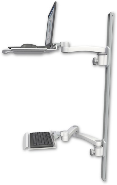 AccessMount™ Laptop tray with slider mount on a 50" wall track, separate arms, a 12" keyboard tray, and an 11" arm and 20" double-arm