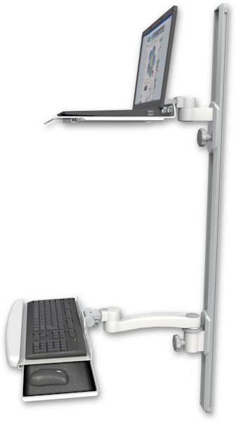 AccessMount™ Laptop tray with slider mount on a 50" wall track, separate arms, a wrist-rest keyboard tray, and an 11" arm