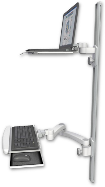 AccessMount™ Laptop tray with slider mount on a 50" wall track, separate arms, a wrist-rest keyboard tray, and a 20" double-arm