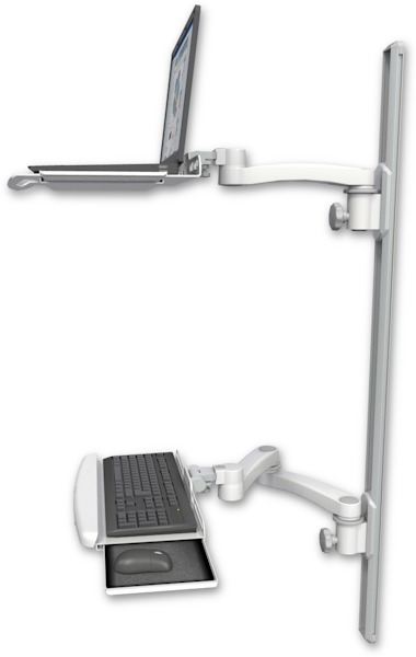AccessMount™ Laptop tray with slider mount on a 50" wall track, separate arms, a wrist-rest keyboard tray, and an 11" arm and 20" double-arm