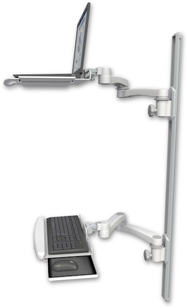 AccessMount™ Laptop tray with slider mount on a 50" wall track, separate arms, a wrist-rest keyboard tray, and two 20" double-arms