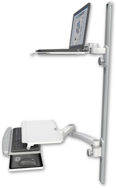 AccessMount™ Laptop tray with slider mount on a 50" wall track, separate arms, a work surface tray and slide-out keyboard tray, and a 20" double-arm