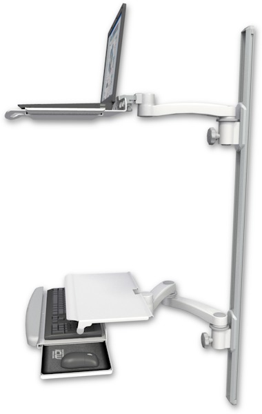AccessMount™ Laptop tray with slider mount on a 50" wall track, separate arms, a work surface tray and slide-out keyboard tray, and an 11" arm and 20" double-arm