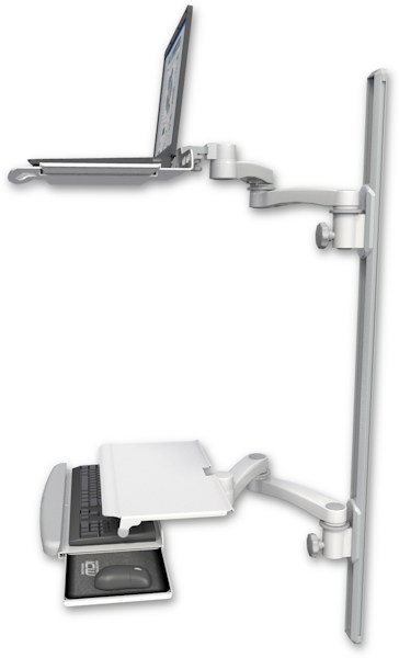 AccessMount™ Laptop tray with slider mount on a 50" wall track, separate arms, a work surface tray and slide-out keyboard tray, and two 20" double-arms