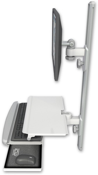 AccessMount™ ErgoVision 65 LCD mount on a 36" wall track with separate arms and a work surface tray and slide-out keyboard tray