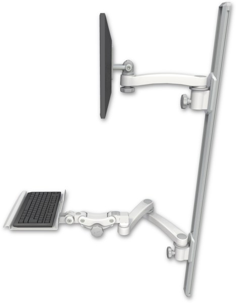 AccessMount™ ErgoVision 65 LCD mount on a 50" wall track with separate arms, a 12" paralink keyboard tray, and an 11" arm and 20" double-arm