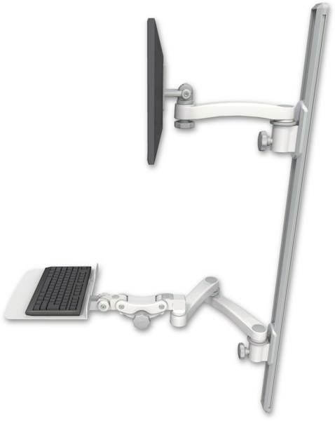 AccessMount™ ErgoVision 65 LCD mount on a 50" wall track with separate arms, a 12" flat paralink keyboard tray, and an 11" arm and 20" double-arm
