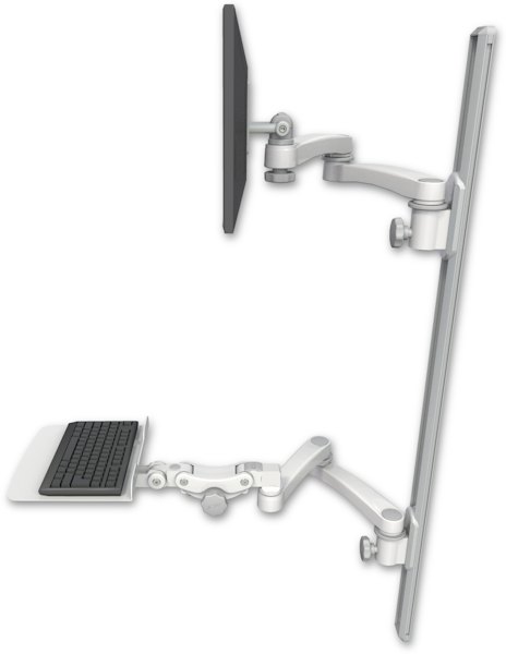 AccessMount™ ErgoVision 65 LCD mount on a 50" wall track with separate arms, a 12" flat paralink keyboard tray, and two 20" double-arms