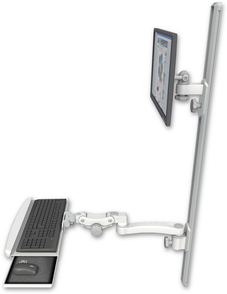 AccessMount™ ErgoVision 65 LCD mount on a 50" wall track with separate arms, a paralink keyboard tray w/ wrist rest bend, and an 11" arm