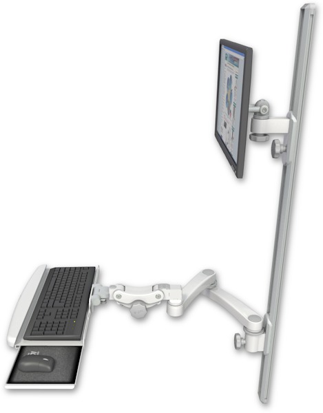 AccessMount™ ErgoVision 65 LCD mount on a 50" wall track with separate arms, a paralink keyboard tray w/ wrist rest bend, and a 20" double-arm