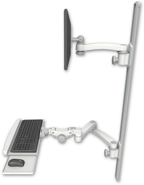 AccessMount™ ErgoVision 65 LCD mount on a 50" wall track with separate arms, a paralink keyboard tray w/ wrist rest bend, and an 11" arm and 20" double-arm