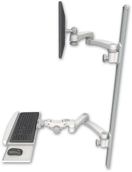 AccessMount™ ErgoVision 65 LCD mount on a 50" wall track with separate arms, a paralink keyboard tray w/ wrist rest bend, and two 20" double-arms