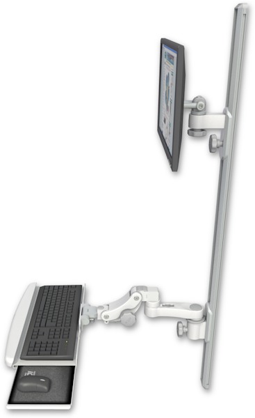 AccessMount™ ErgoVision 65 LCD mount on a 50" wall track with separate arms, a paralink keyboard tray w/ wrist rest bend, and an 6" arm