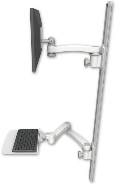 AccessMount™ ErgoVision 65 LCD mount on a 50" wall track with separate arms, a 12" flat keyboard tray, and an 11" arm and 20" double-arm