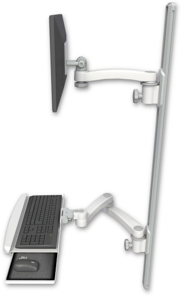 AccessMount™ ErgoVision 65 LCD mount on a 50" wall track with separate arms, a wrist-rest keyboard tray, and an 11" arm and 20" double-arm