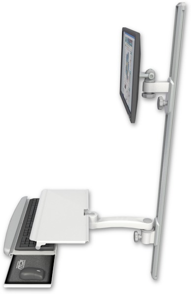 AccessMount™ ErgoVision 65 LCD mount on a 50" wall track with separate arms, a work surface tray and slide-out keyboard tray, and an 11" arm