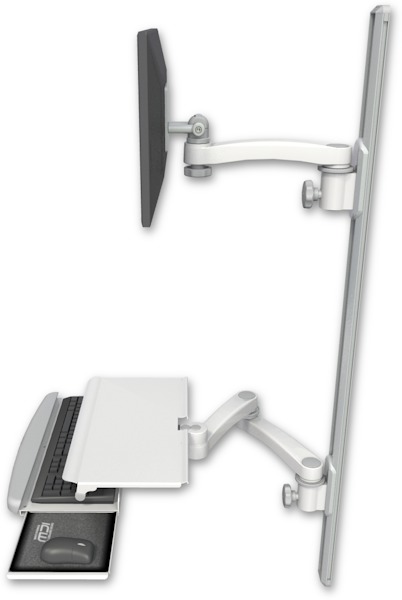 AccessMount™ ErgoVision 65 LCD mount on a 50" wall track with separate arms, a work surface tray and slide-out keyboard tray, and an 11" arm and 20" double-arm
