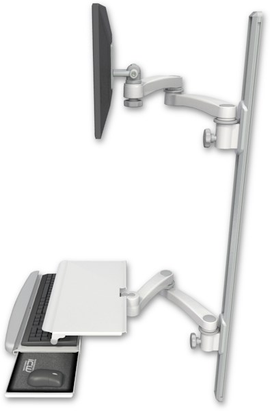 AccessMount™ ErgoVision 65 LCD mount on a 50" wall track with separate arms, a work surface tray and slide-out keyboard tray, and two 20" double-arms
