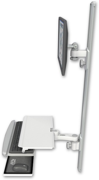 AccessMount™ ErgoVision 65 LCD mount on a 50" wall track with separate arms, a work surface tray and slide-out keyboard tray, and an 6" arm