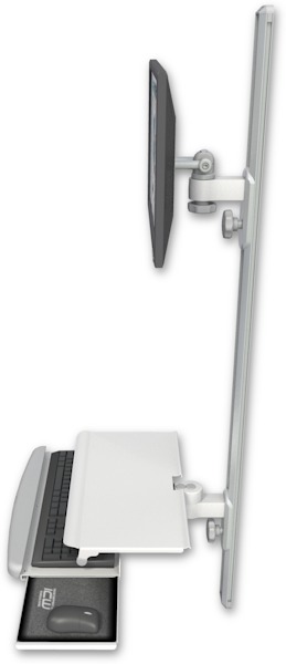 AccessMount™ ErgoVision 65 LCD mount on a 50" wall track with separate arms and a work surface tray and slide-out keyboard tray