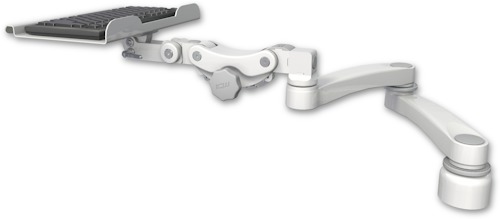AccessMount™ 12" paralink keyboard tray desk mount, a 1" riser, and a 20" double-arm