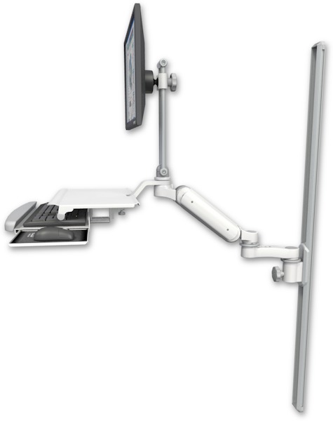 AccessMount™ Ultra 180 Heavy Duty Arm with EV710 monitor mount mount on a 50" wall track slider, a work surface tray and slide-out keyboard tray, and an 6" arm