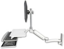 AccessMount™ Ultra 180 Heavy Duty Arm with EV710 monitor mount wall mount, a work surface tray and slide-out keyboard tray, and an 11" arm
