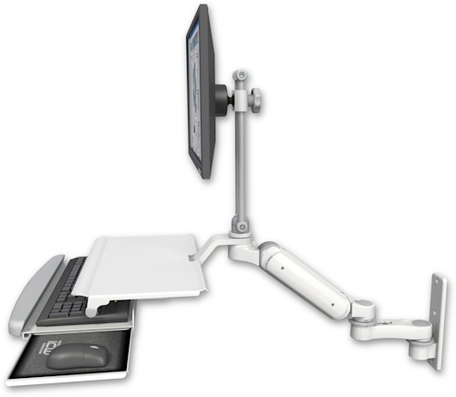 AccessMount™ Ultra 180 Heavy Duty Arm with EV710 monitor mount wall mount, a work surface tray and slide-out keyboard tray, and an 6" arm