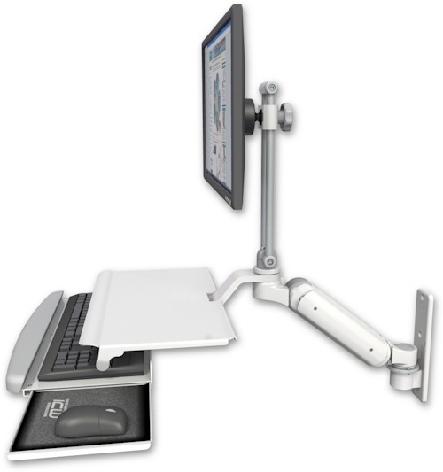 AccessMount™ Ultra 180 Heavy Duty Arm with EV710 monitor mount wall mount and a work surface tray and slide-out keyboard tray