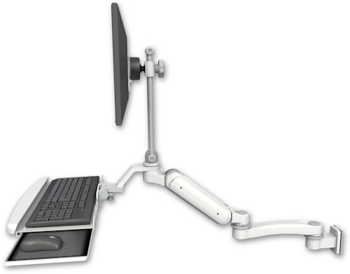 AccessMount™ Ultra 180 Heavy Duty Arm with EV710 monitor mount 3.5" wall mount, a wrist-rest keyboard tray, and an 11" arm