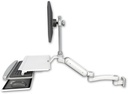 AccessMount™ Ultra 180 Heavy Duty Arm with EV710 monitor mount 3.5" wall mount, a work surface tray and slide-out keyboard tray, and an 11" arm