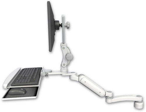 AccessMount™ Ultra 180 Heavy Duty Arm with Paralink monitor mount desk mount, a 1" riser, a wrist-rest keyboard tray, and an 11" arm
