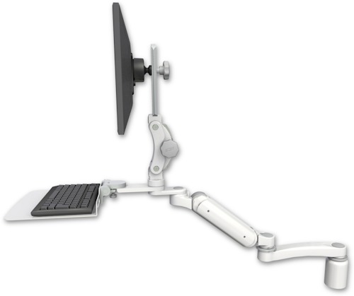 AccessMount™ Ultra 180 Heavy Duty Arm with Paralink monitor mount desk mount, a 3" riser, a 12" flat keyboard tray, and an 11" arm