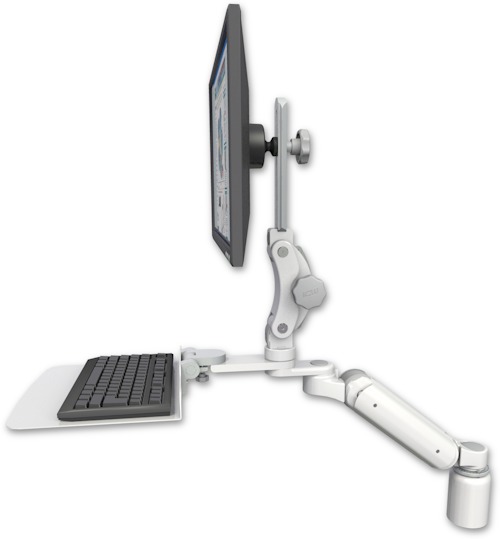 AccessMount™ Ultra 180 Heavy Duty Arm with Paralink monitor mount desk mount, a 3" riser, and a 12" flat keyboard tray