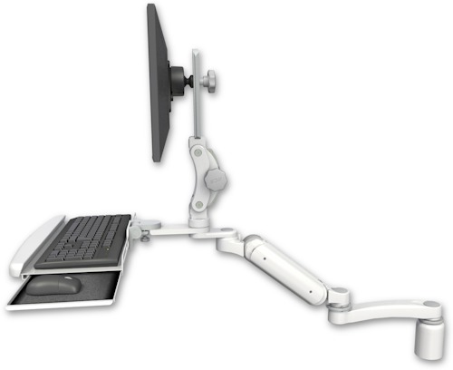 AccessMount™ Ultra 180 Heavy Duty Arm with Paralink monitor mount desk mount, a 3" riser, a wrist-rest keyboard tray, and an 11" arm