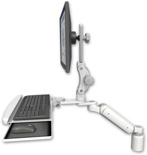 AccessMount™ Ultra 180 Heavy Duty Arm with Paralink monitor mount desk mount, a 3" riser, and a wrist-rest keyboard tray