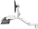 AccessMount™ Ultra 180 Heavy Duty Arm with Paralink monitor mount desk mount, a 3" riser, a work surface tray and slide-out keyboard tray, and an 11" arm