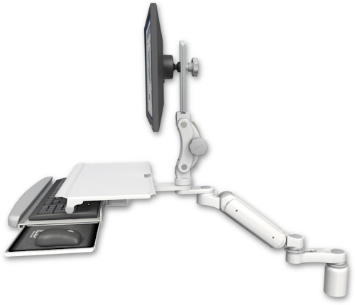 AccessMount™ Ultra 180 Heavy Duty Arm with Paralink monitor mount desk mount, a 3" riser, a work surface tray and slide-out keyboard tray, and an 6" arm