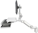 AccessMount™ Ultra 180 Heavy Duty Arm with Paralink monitor mount desk mount, a 3" riser, a work surface tray and slide-out keyboard tray, and an 6" arm