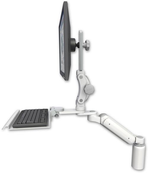 AccessMount™ Ultra 180 Heavy Duty Arm with Paralink monitor mount desk mount, a 5" riser, and a 12" keyboard tray