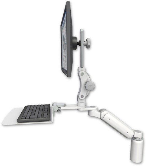 AccessMount™ Ultra 180 Heavy Duty Arm with Paralink monitor mount desk mount, a 5" riser, and a 12" flat keyboard tray