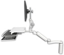 AccessMount™ Ultra 180 Heavy Duty Arm with Paralink monitor mount desk mount, a 7.5" riser, a work surface tray and slide-out keyboard tray, and an 11" arm