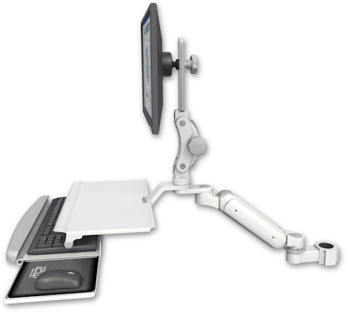 AccessMount™ Ultra 180 Heavy Duty Arm with Paralink monitor mount mount for a 1.75" pole and a work surface tray and slide-out keyboard tray
