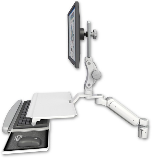 AccessMount™ Ultra 180 Heavy Duty Arm with Paralink monitor mount mount for a 2" radius and a work surface tray and slide-out keyboard tray