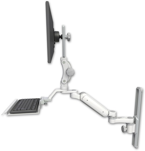 AccessMount™ Ultra 180 Heavy Duty Arm with Paralink monitor mount mount on a 19" wall track slider, a 12" keyboard tray, and an 6" arm