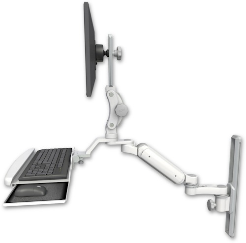 AccessMount™ Ultra 180 Heavy Duty Arm with Paralink monitor mount mount on a 19" wall track slider, a wrist-rest keyboard tray, and an 6" arm