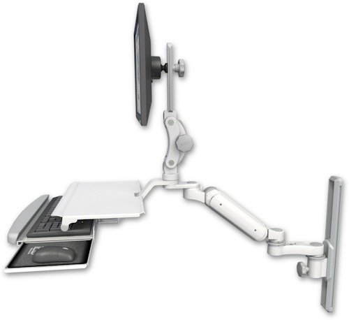 AccessMount™ Ultra 180 Heavy Duty Arm with Paralink monitor mount mount on a 19" wall track slider, a work surface tray and slide-out keyboard tray, and an 6" arm