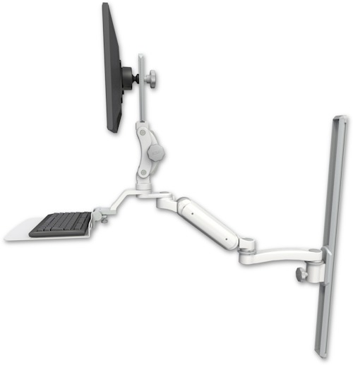 AccessMount™ Ultra 180 Heavy Duty Arm with Paralink monitor mount mount on a 36" wall track slider, a 12" flat keyboard tray, and an 11" arm