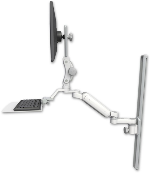 AccessMount™ Ultra 180 Heavy Duty Arm with Paralink monitor mount mount on a 36" wall track slider, a 12" flat keyboard tray, and an 6" arm